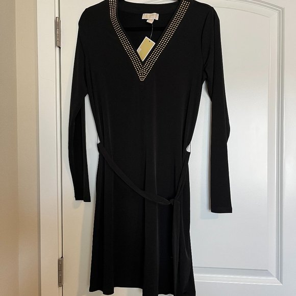 Michael Kors Dresses & Skirts - NWT Michael Kors V-Neck Black Dress with Gold Stud Details and Belt